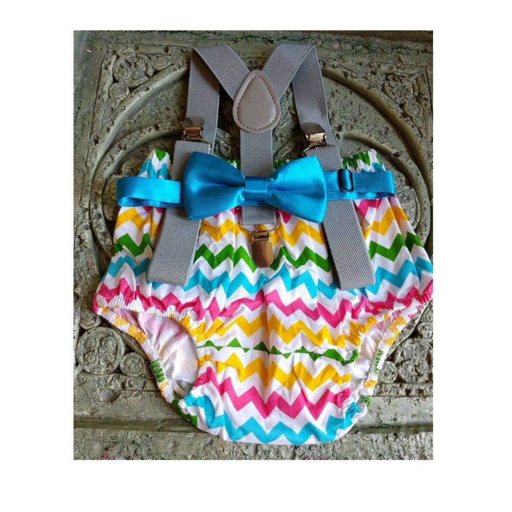 1st Birthday boy cake smash outfit diaper cover Multcolor rainbow chevron Blue